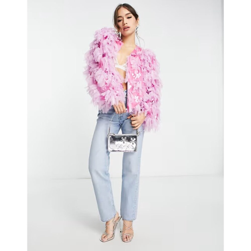 💥SHOWSTOPPER💥Jazzy 20's Flapper Style Fluffy Tiered Sequined Jacket in Pink - Picture 5 of 16